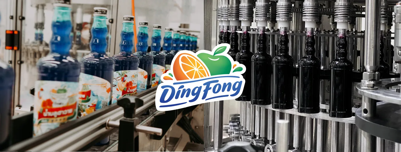 Ding Fong Foods juice-bottling production line with the Ding Fong logo
