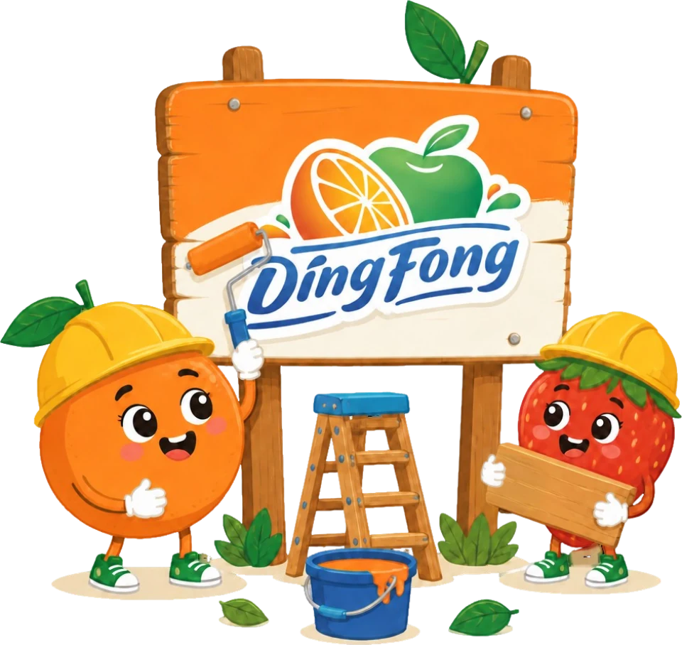 Orange and strawberry mascots in engineer hard hats building a Ding Fong signboard
